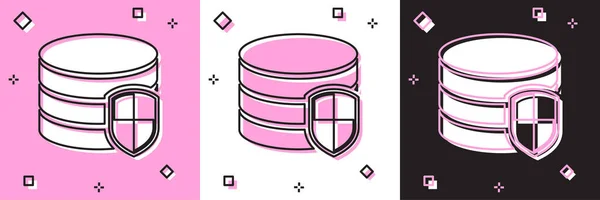 Definir ícone de proteção de banco de dados isolado em rosa e branco, fundo preto. Ícone de banco de dados seguro. Ilustração vetorial — Vetor de Stock