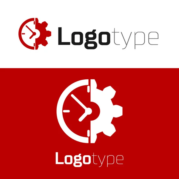 Red Clock and gear icon isolated on white background. Time Management symbol. Business concept. Logo design template element. Vector Illustration — ストックベクタ