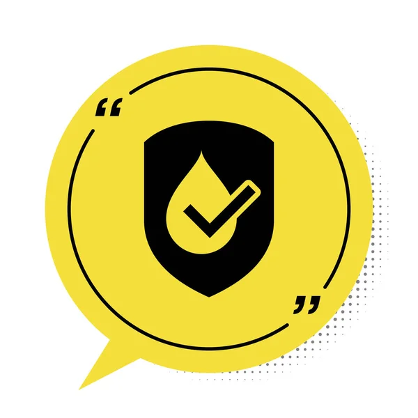 Černá Vodotěsná ikona izolovaná na bílém pozadí. Koncepce ochrany proti vodě nebo kapalině. Žlutý symbol bubliny řeči. Vektorová ilustrace — Stockový vektor