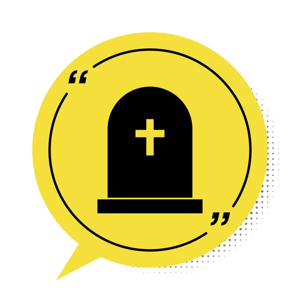 Czarny nagrobek z ikoną krzyża na białym tle. Ikona grobu. Żółty symbol bańki mowy. Ilustracja wektora — Wektor stockowy