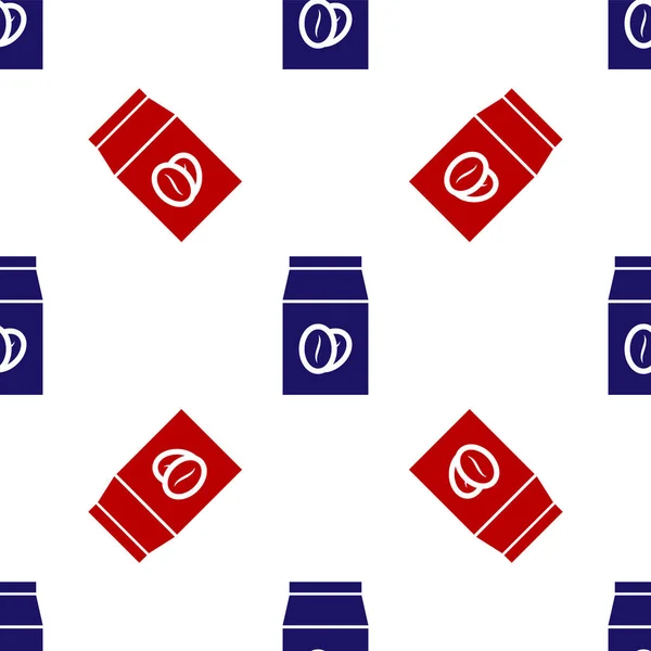 Niebieskie i czerwone ziarna kawy w ikonie worka odizolowany bezszwowy wzór na białym tle. Ilustracja wektora — Wektor stockowy