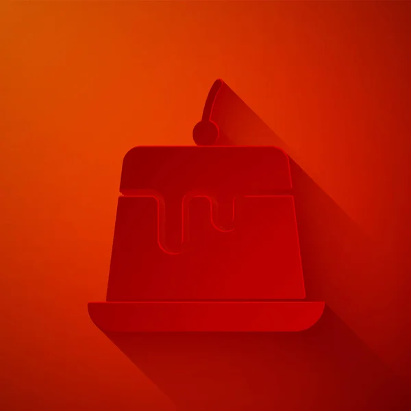 Papírvágás puding puding karamell máz ikon elszigetelt piros háttérrel. Papírművészeti stílus. Vektorillusztráció — Stock Vector