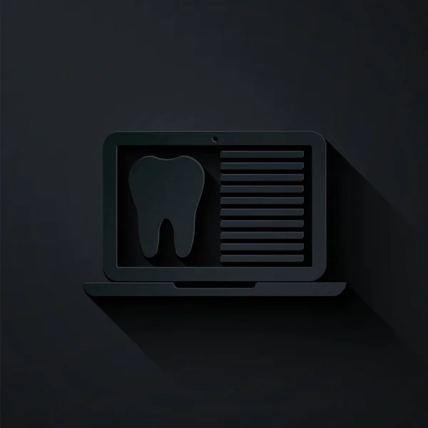 Ordenador portátil de corte de papel con tarjeta dental o el icono de las historias clínicas del paciente aislado sobre fondo negro. Seguro dental. Informe de la clínica dental. Estilo de arte de papel. Ilustración vectorial — Vector de stock