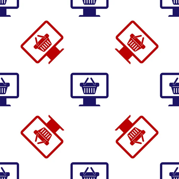 쇼핑 바구니 아이콘 이 있는 파란색 과 빨간색 컴퓨터 모니터는 흰 배경에 솔기없는 패턴을 분리 했다. 온라인 쇼핑 카트. 슈퍼마켓 바구니 상징. 벡터 일러스트 — 스톡 벡터