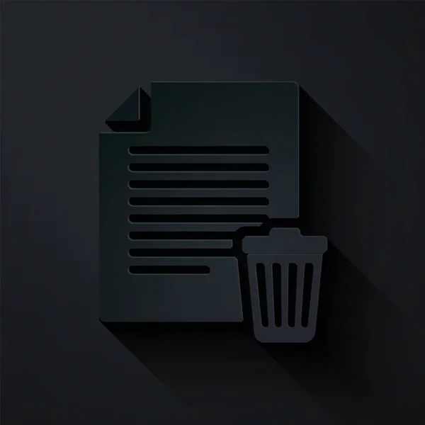 Paper cut Delete file document icon isolated on black background. Paper sheet with recycle bin sign. Rejected document icon. Cross on paper. Paper art style. Vector Illustration — ストックベクタ