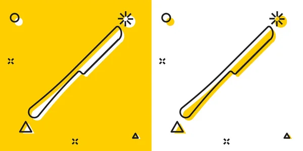 Icono del cuchillo negro aislado sobre fondo amarillo y blanco. Símbolo de cubertería. Formas dinámicas aleatorias. Ilustración vectorial — Archivo Imágenes Vectoriales