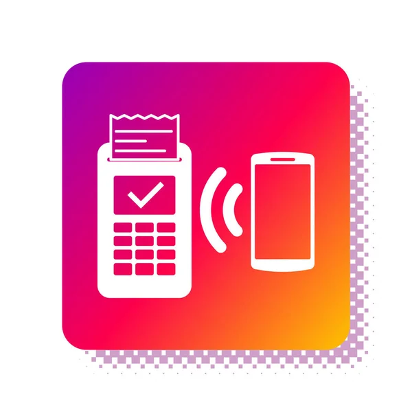 Белый POS-терминал с печатным рецептом и подтверждает оплату иконкой смартфона, выделенной на белом фоне. Концепция оплаты NFC. Квадратная кнопка. Векторная миграция — стоковый вектор