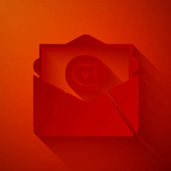 Corte de papel Icono de correo electrónico y correo electrónico aislado sobre fondo rojo. Envolvente símbolo e-mail. Señal de correo electrónico. Estilo de arte de papel. Ilustración vectorial — Archivo Imágenes Vectoriales