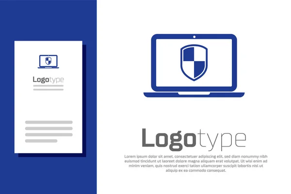 Blå laptop skyddas med sköld ikon isolerad på vit bakgrund. Internetsäkerhet. PC säkerhet, brandvägg teknik, integritet säkerhet. Mall för logotyp. Vektor Illustration — Stock vektor