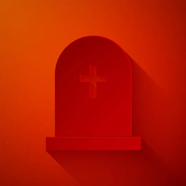 Paper cut Tombstone with cross icon isolated on red background. Grave icon. Paper art style. Vector Illustration — Stock vektor