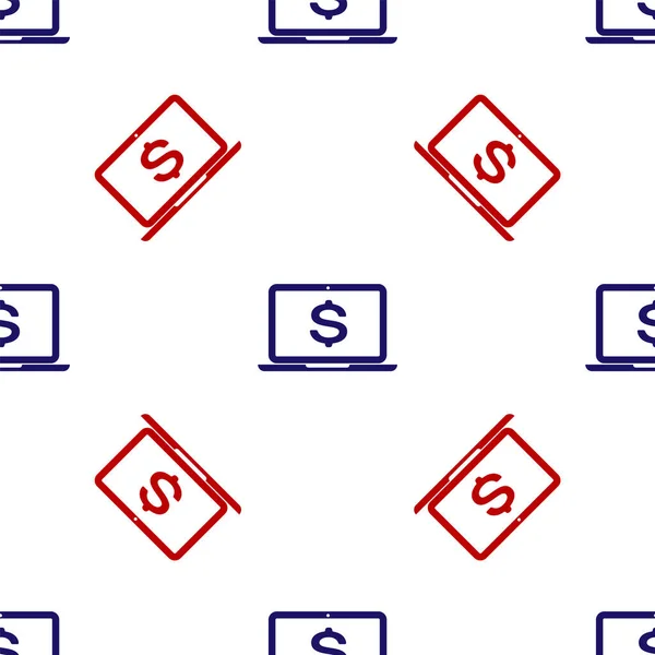달러 상징 아이콘 이 있는 파란색, 빨간색 노트북 이 흰색 배경에 솔기없는 패턴을 분리 했습니다. 온라인 쇼핑 컨셉. 경제 개념. 벡터 일러스트 — 스톡 벡터