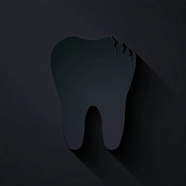 Papel cortado ícone dente quebrado isolado no fundo preto. Ícone de problema dentário. Símbolo de cuidados dentários. Estilo de arte de papel. Ilustração vetorial — Vetor de Stock