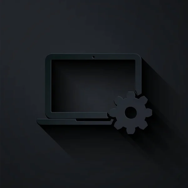 Χαρτί περικοπή Laptop και εργαλείο εικονίδιο απομονώνονται σε μαύρο φόντο. Σχέδιο εξυπηρέτησης laptop. Ρύθμιση, συντήρηση, ρύθμιση, συντήρηση, επισκευή, στερέωση. Στυλ χάρτινης τέχνης. Εικονογράφηση διανύσματος — Διανυσματικό Αρχείο
