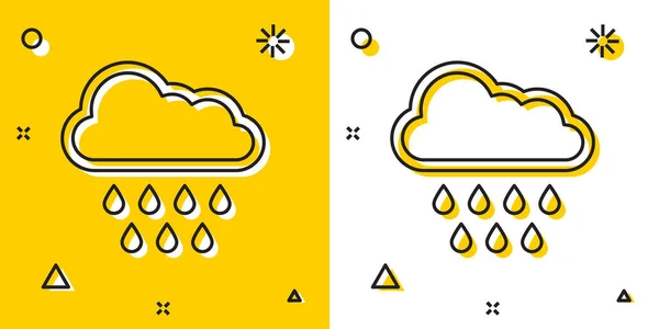 Svart moln med regnsymbol isolerad på gul och vit bakgrund. Regn moln nederbörd med regndroppar. Slumpmässiga dynamiska former. Vektor illustration — Stock vektor