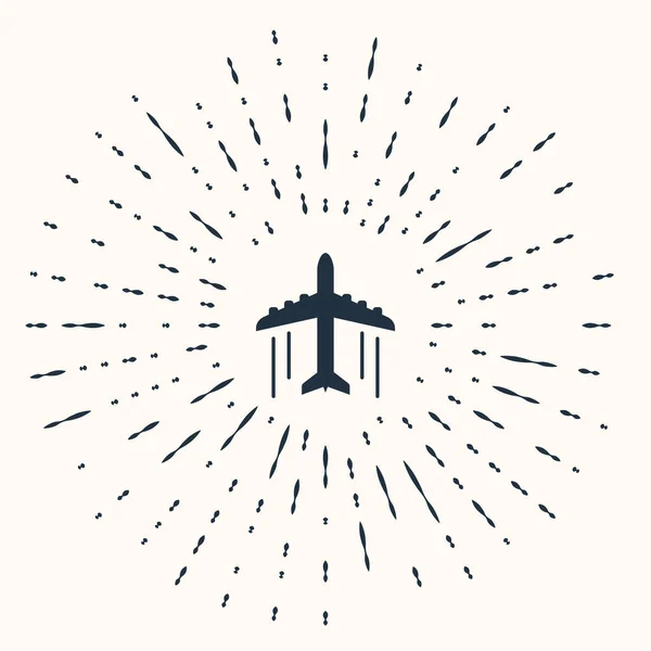 Icono plano gris aislado sobre fondo beige. Icono del avión volador. Firma del avión. Puntos aleatorios de círculo abstracto. Ilustración vectorial — Archivo Imágenes Vectoriales