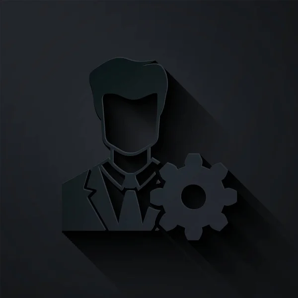 Paper cut Profile settings icon isolated on black background. User setting icon. Profile Avatar with cogwheel. Account icon. Male person silhouette. Paper art style. Vector Illustration — ストックベクタ