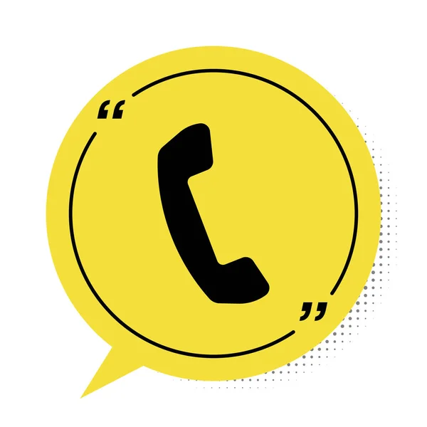 Preto Telefone ícone aparelho isolado no fundo branco. Sinal de telefone. Símbolo de bolha de fala amarelo. Ilustração vetorial —  Vetores de Stock