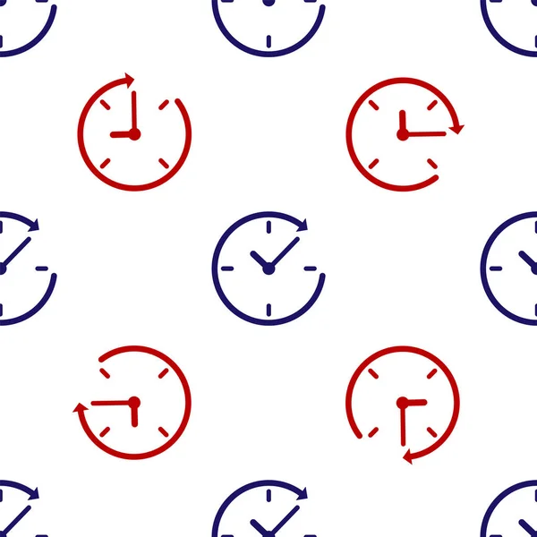 Relógio azul e vermelho com ícone de seta isolado padrão sem costura no fundo branco. Símbolo temporal. Seta de ícone de rotação no sentido horário e tempo. Ilustração vetorial — Vetor de Stock