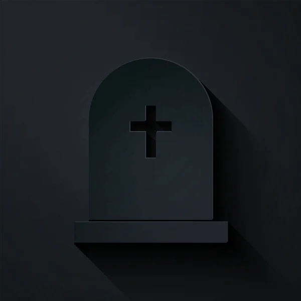 Бумага вырезать надгробный камень с крестом значок изолирован на черном фоне. Значок могилы. Бумажный стиль. Векторная миграция — стоковый вектор