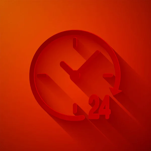 Paper cut Clock 24 hours icon isolated on red background. All day cyclic icon. 24 hours service symbol. Paper art style. Vector Illustration — ストックベクタ