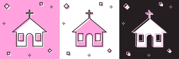 Set Church épület ikon elszigetelt rózsaszín-fehér, fekete háttér. Keresztény egyház. Az egyház vallása. Vektorillusztráció — Stock Vector