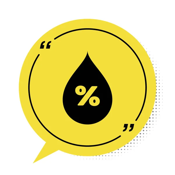 Icono de porcentaje de gota de agua negra aislado sobre fondo blanco. Análisis de humedad. Símbolo amarillo de burbuja. Ilustración vectorial — Vector de stock