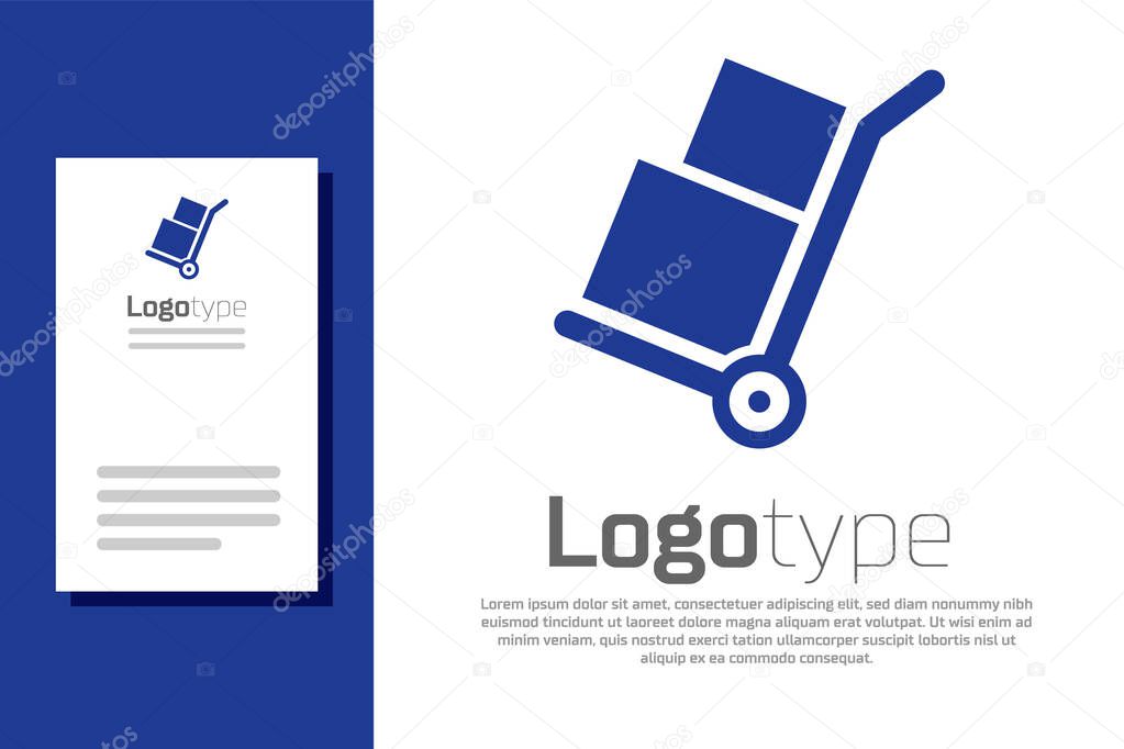Blue Hand truck and boxes icon isolated on white background. Dolly symbol. Logo design template element. Vector Illustration