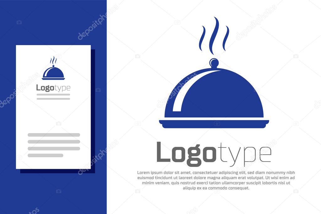 Blue Covered with a tray of food icon isolated on white background. Tray and lid sign. Restaurant cloche with lid. kitchenware symbol. Logo design template element. Vector Illustration