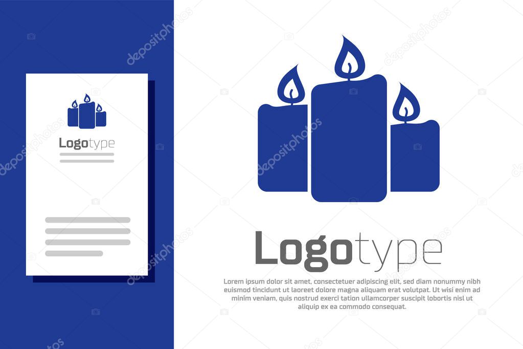 Blue Burning candles icon isolated on white background. Old fashioned lit candles. Cylindrical aromatic candle sticks with burning flames. Logo design template element. Vector Illustration