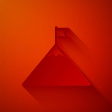 Kağıt kesiği Dağlar ve kırmızı zemin üzerinde izole edilmiş bayrak. Zaferin ya da başarının sembolü. Kağıt sanatı tarzı. Vektör İllüstrasyonu