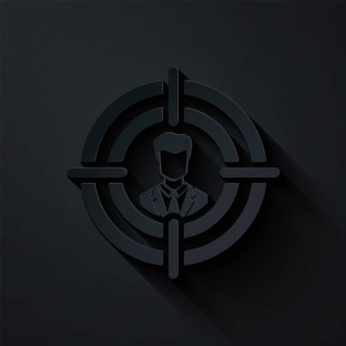 Kağıt kesiği kafa avlama konsepti simgesi siyah arka planda izole edilmiş. İş hedefi ya da İstihdam tabelası. İş için insan kaynakları ve adam toplama. Kağıt sanatı tarzı. Vektör İllüstrasyonu