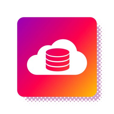 Beyaz Bulut veritabanı simgesi beyaz arkaplanda izole edildi. Bulut hesaplama konsepti. Veri aktarımlı dijital servis ya da uygulama. Kare renk düğmesi. Vektör İllüstrasyonu