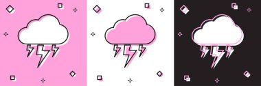 Fırtına simgesini pembe beyaz, siyah arkaplanda izole et. Bulut ve şimşek işareti. Fırtınanın hava durumu ikonu. Vektör İllüstrasyonu