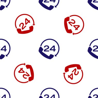 Mavi ve kırmızı telefon 24 saat destekli ikon beyaz arka planda izole edilmiş kusursuz desen. Tüm gün müşteri destek merkezi. Tam zamanlı çağrı servisi. Vektör İllüstrasyonu