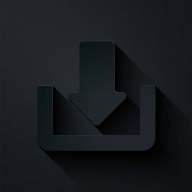 Kağıt kesme simgesi siyah arkaplanda izole edildi. Gönderme düğmesi. Sembolü yükle. Ok uçtan uca. Kağıt sanatı tarzı. Vektör İllüstrasyonu