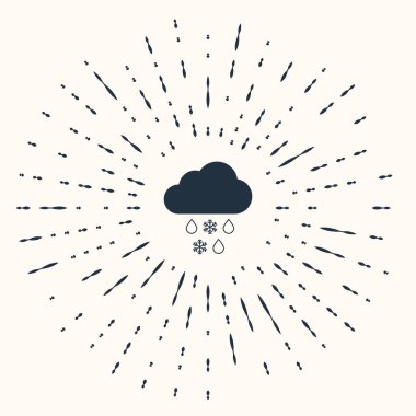 Kar ve yağmur ikonuna sahip gri bulut bej arka planda izole edilmiş. Hava durumu simgesi. Soyut çember rastgele noktalar. Vektör İllüstrasyonu