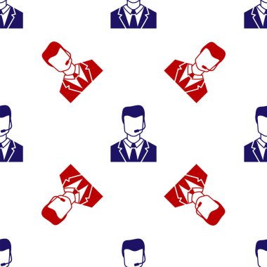 Kulaklık simgesine sahip mavi ve kırmızı adam beyaz arka planda kusursuz desen izole etti. Destek operatörü hatta. Çağrı merkezi konsepti, müşteri destek servisi. Vektör İllüstrasyonu