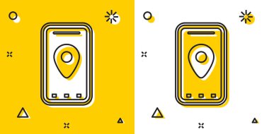 Şehir haritası yön bulma simgesinin siyah bilgileri sarı ve beyaz arkaplanda izole edildi. Mobil Uygulama Arayüzü tasarımı. Coğrafi konsept. Rastgele dinamik şekiller. Vektör İllüstrasyonu