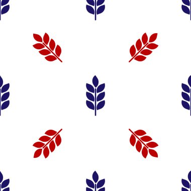 Pirinç, buğday, mısır, yulaf, çavdar, arpa ikonu ve beyaz arka planda izole edilmiş dikişsiz desenli mavi ve kırmızı tahıllar. Buğday ekmeği sembolleri. Tarım buğdayı. Vektör İllüstrasyonu