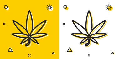 Siyah tıbbi marihuana ya da kenevir yaprağı ikonu sarı ve beyaz arka planda izole edilmiş. Kenevir sembolü. Rastgele dinamik şekiller. Vektör İllüstrasyonu