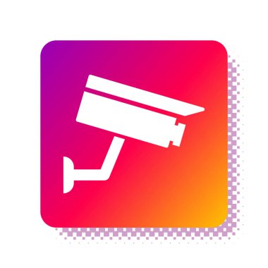 Beyaz güvenlik kamerası simgesi beyaz arkaplanda izole edildi. Kare renk düğmesi. Vektör İllüstrasyonu