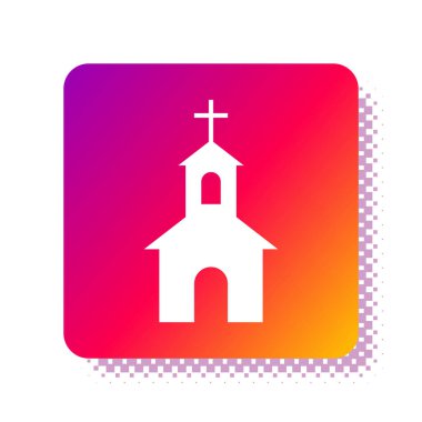 Beyaz Kilise binası ikonu beyaz arka planda izole edilmiş. Hıristiyan Kilisesi. Kilisenin dini. Kare renk düğmesi. Vektör İllüstrasyonu
