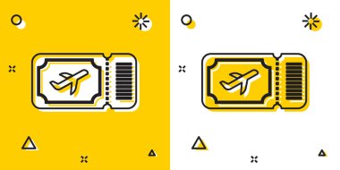 Siyah Havayolları bilet ikonu sarı ve beyaz arka planda izole edildi. Uçak bileti. Rastgele dinamik şekiller. Vektör İllüstrasyonu