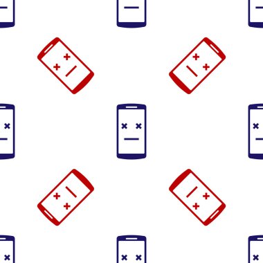 Mavi ve kırmızı Ölü telefon ikonu beyaz arka planda kusursuz desen izole etti. Ölen dijital cihaz emojisi sembolü. Ceset akıllı telefonu yüz duygusunu gösteriyor. Vektör İllüstrasyonu