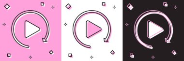 Video çalma düğmesini pembe ve beyaz, siyah arkaplanda izole edilmiş basit bir yeniden oynatma simgesi gibi ayarla. Vektör İllüstrasyonu