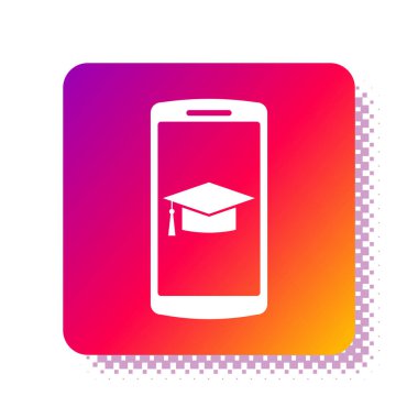 Beyaz mezuniyet şapkası ekrandaki akıllı telefon simgesi beyaz arkaplanda izole edildi. Çevrimiçi öğrenme ya da e-öğrenme kavramı. Kare renk düğmesi. Vektör İllüstrasyonu