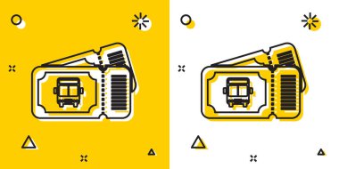 Siyah otobüs bileti ikonu sarı ve beyaz arka planda izole edildi. Toplu taşıma bileti. Rastgele dinamik şekiller. Vektör İllüstrasyonu