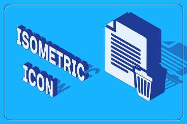 Mavi arkaplanda Isometric Sil dosya simgesi izole edildi. Kağıt çarşafta geri dönüşüm kutusu işareti var. Reddedilmiş belge simgesi. Kağıt üzerinde çarmıh. Vektör İllüstrasyonu