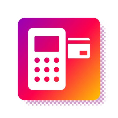 Beyaz Po terminali beyaz arka planda izole edilmiş bir kredi kartı simgesi. Ödeme terminali işlemi. Kare renk düğmesi. Vektör İllüstrasyonu