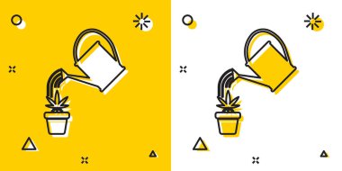 Siyah sulama, marihuana ya da esrar bitkisinin üzerine su damlatabilir. Sarı ve beyaz arka planda izole edilmiş bir esrar ikonu. Esrar yetiştirme konsepti. Rastgele dinamik şekiller. Vektör İllüstrasyonu